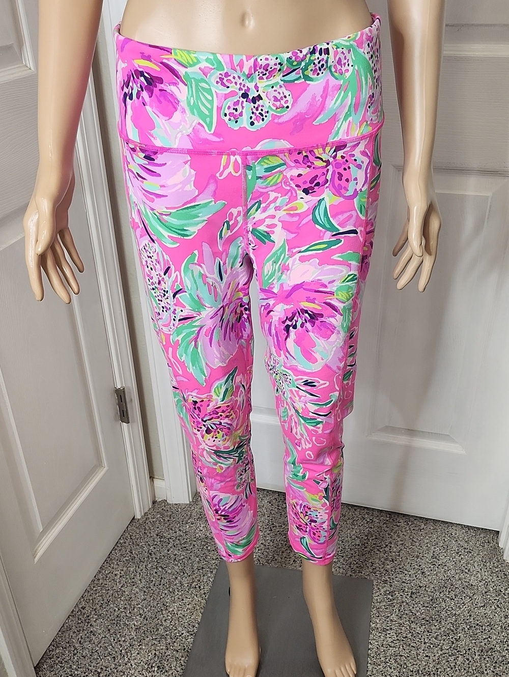 Lilly Pulitzer Luxletic Pink Floral Capri Leggings with Green Accents